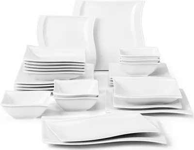 Produktbild von MALACASA, Serie Flora, 26 tlg. Cremeweiß Porzellan Geschirrset Kombiservice Tafelservice mit 6 Schalen, 6 Dessertteller, 6 Suppenteller, 6 Speiseteller und 2 Rechteckigen Platten