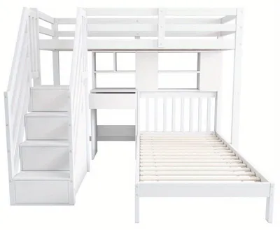 Zdjęcie produktu dla Łóżko piętrowe 90x200 cm - Wielofunkcyjne łóżko piętrowe dla dzieci - Białe, z biurkiem i miejscem do przechowywania