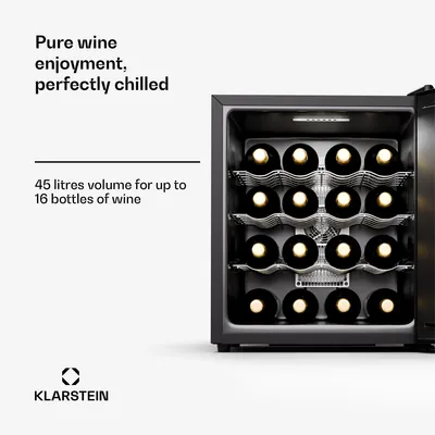Obrázek produktu pro Klarstein volně stojící 1zónová vinotéka, malá vinotéka, malá skříňka na víno, malá vinotéka se skleněnými dvířky, vinotéka, 5-22 °C, 16 lahví