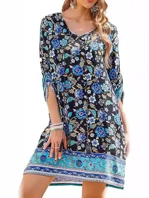 Produktbild von ASKSA Damen Bohemian Tunika Kleid Strandkleid Sommerkleider Vintage Strandkleider 3/4-Arm Rundhals Kleid Blumenmuster Tunikakleider (Schwarzblau,XXL)