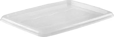 A clear plastic lid for a storage box is shown from a slightly elevated angle against a white background.