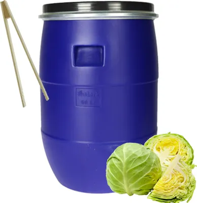 A blue plastic barrel with a black lid, along with a pair of wooden tongs and some cabbages. The scene appears to be set up for food preservation or fermentation.
