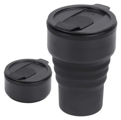 Obrázek produktu pro Skládací kávová hrnky, objem 375 ml, silikon, bez BPA, s ochranou proti úniku, černá barva