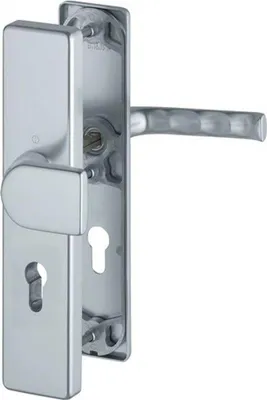 A close-up studio shot of a door handle set.