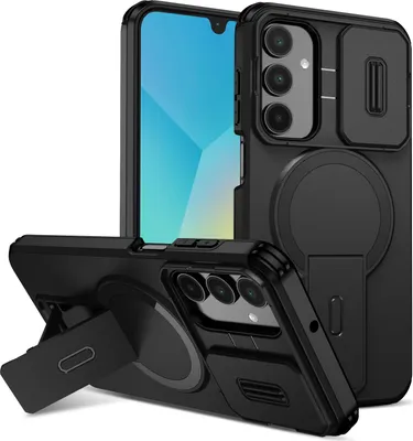Obrázek produktu pro Magnetické pouzdro pro Samsung Galaxy A16 5G/4G, dvouvrstvé odolné pouzdro s posuvnou ochranou fotoaparátu a nastavitelným stojánkem Černá