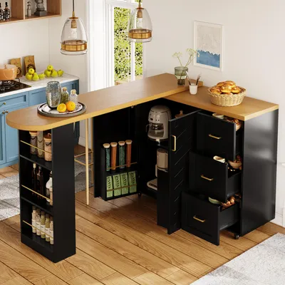 Immagine prodotto di Carrello bar allungabile Flieks con 2 ante e 3 cassetti, con rotelle; tavolo da bar con piano in finitura effetto legno; carrello di servizio 135-228 x 39 x 104 cm, nero