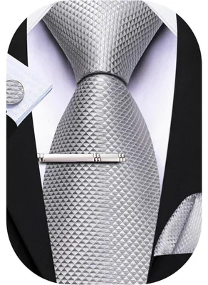 Produktbild von Seiden-Krawatten Set mit Einstecktuch und Manschettenknöpfen, Silber