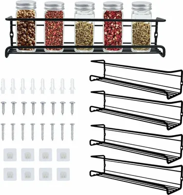 Produktbild von 4-teiliges Küchenregal-Organizer-Set, Wandmontiertes Gewürzregal aus Metall, selbstklebend, 29 x 6 x 6,5 cm, Schwarz (ohne Bohren),