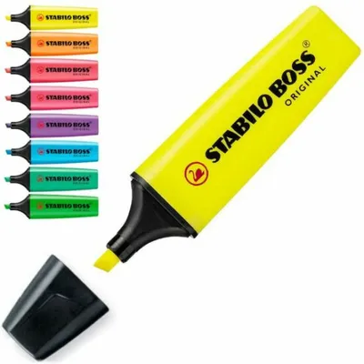 A collection of Stabilo Boss highlighters in various colors, with one yellow highlighter prominently displayed in the foreground.