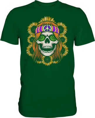 Produktbild von Hippie Totenkopf Sonnenblumen T-Shirt Gärtner Geschenk Garten – Bottle Green / XXL