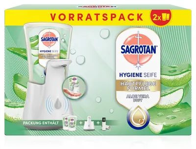 Immagine prodotto di Sagrotan No-Touch Dispenser automatico di sapone bianco – Confezione risparmio – Incl. ricariche Sagrotan Aloe Vera – 2 x 250 ml sapone liquido