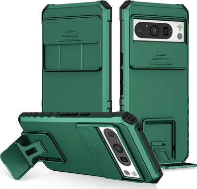 Produktbild von Dual Layer Hülle für Google Pixel 8 Pro Stossfest Robust Ständer Schutzhülle mit Schiebe Kamera Schutz Grün
