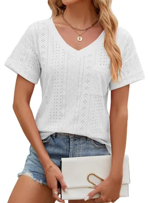 Image de T-shirt à col en V pour femmes - Manches courtes, style décontracté, blanc