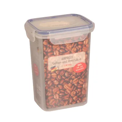 A clear product shot of a food storage container filled with coffee beans, set against a white background.