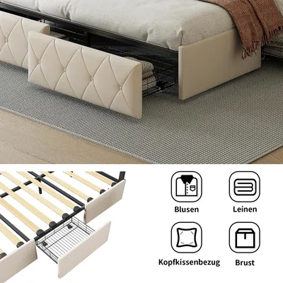 Zdjęcie produktu dla Łóżko z imitacji skóry – łóżko podwójne 140 x 200 cm – z szufladami – schowek – metalowa rama – bez materaca – beżowe
