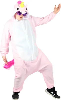 A person wearing a pink unicorn costume.