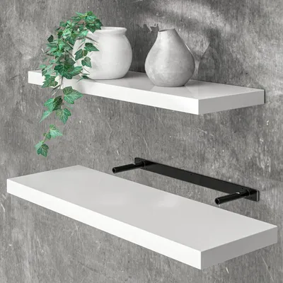 Produktbild von Schwebendes Wandregal Holz 50-110 cm - Hochglanz Weiß Küche Wohnzimmer Büro Badezimmer