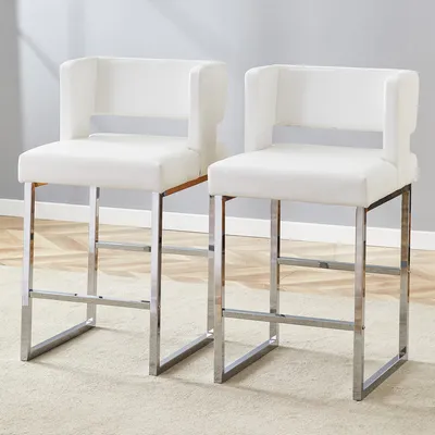 Zdjęcie produktu dla Zestaw 2 stołków barowych, styl skandynawski, kwadratowe, białe PU, srebrne metalowe nogi, 91 cm