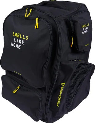A black backpack with yellow accents and text.
