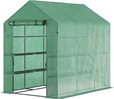 Produktbild von Begehbares Tomatengewächshaus mit 8 Regalen | 214x143x195cm | Stahl-PE Konstruktion | Frühbeet mit Tür | Grün