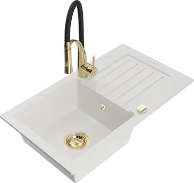 Produktbild von Mexen Pablo 1 Becken-Granitspüle mit Abtropffläche und Mischbatterie Aster, Weiß - 6510-20-73450-57-G