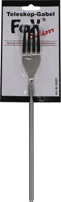 A telescopic fork is displayed in its retail packaging.