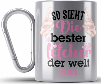 Produktbild von Trendation - Tochter Geschenk Edelstahl Tasse Karabiner Pink Vater Mama Geschenk für Töchter Spruch Beste Tochter Karabiner Edelstahl Tasse Karabiner Edelstahl (Silber)
