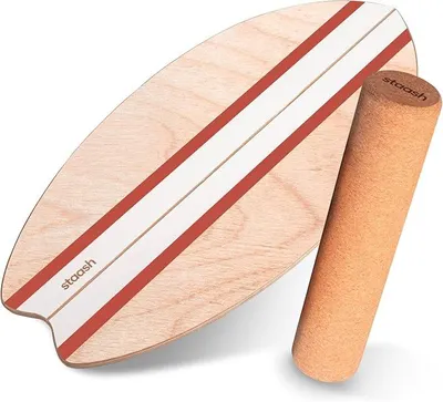 Imagen del producto de Tabla de equilibrio de madera – Entrenador profesional para el equilibrio, incluye alfombrilla protectora, rodillo, semiesfera y pelota de corcho + curso en video – Surf en interiores y entrenamiento de estabilidad