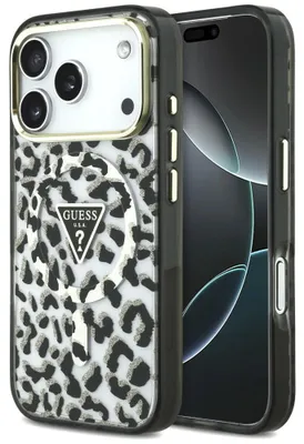 Immagine prodotto di Custodia Guess IML con motivo leopardato e glitter, a forma di triangolo, per iPhone 18 Pro / 17 Pro, colore nero
