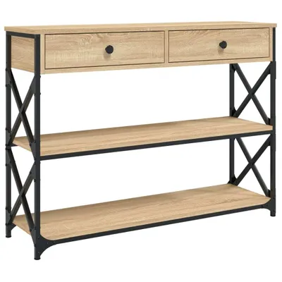 A console table with two drawers and two shelves, made of wood-effect material and black metal frame, displayed against a white background.