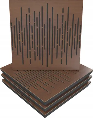 Produktbild von 4 Stück AKUSTIK-WANDPANEELE mit Montageset | "WAVE" 50x50x5cm | Absorption und Diffusion | Farbe: Nussbaum