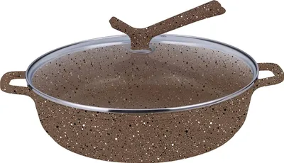 A brown speckled frying pan with a glass lid and a brown speckled handle, isolated on a white background.