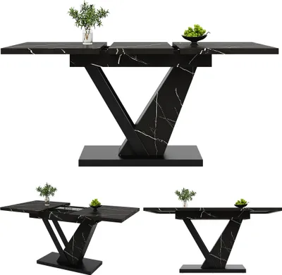 Immagine prodotto di tavolo allungabile okwish， tavolo da cucina， tavolo da pranzo con motivo in marmo nero， adatto per ristoranti e cucine， nero