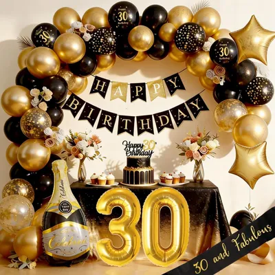 Image de Décoration pour anniversaire : ensemble noir et or pour célébrer les 30 ans, comprenant une guirlande et des ballons