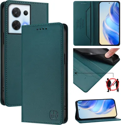 Produktbild von Lederhülle für Oppo Reno8 5G Hülle Flip Brieftasche Kartenfächern Ständer Schutzhülle Dunkelgrün
