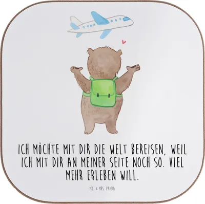 Produktbild von Mr. & Mrs. Panda Untersetzer Glas Bär Flugzeug - Weiß - Geschenk, Hochzeitstag, Mitbringsel, für Partner, Frauen, unterleger, Freundin, Coaster, Valentinstag, Gläser