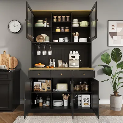 Produktbild von STILVORA Buffetschrank 120x40x191 cm Esszimmerschrank mit Glastüren & Gläserhalter, Hochschrank mit Steckdose & USB-C/USB-A-Anschlüssen, Küchenschrank/Wohnzimmerschrank mit viel Stauraum, Schwarze
