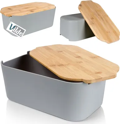 Produktbild von Vilde Brotkasten mit Holzbrett Brotkorb Brotbox Brotbehälter grau 33x18,5x12 cm