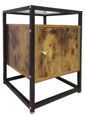 Immagine prodotto di Tavolino Divano Mobiletto Comodino in Metallo Legno e Vetro con Anta e Ripiano