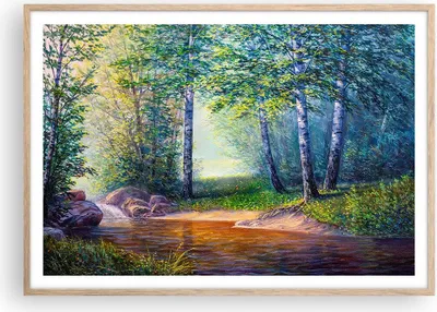 Produktbild von Gerahmtes Poster - Rahmen in heller Eiche - Wiese Wasser Baum - 100x70 cm - Wand Bild - Wanddeko - Wandbilder - Wandposter - Bilderrahmen - Bilder - Kunstdruck - Wandbild - P2NAA100x70-4063