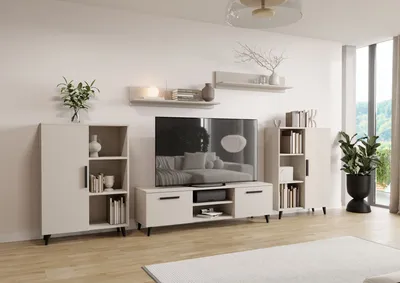 Produktbild von Wohnwand Oslo 2 Per La Vita Kaschmir, Modern Schrankwand Wohnzimmer, Wohnzimmerschrank mit Hängeschrank, Sideboard und Wandregal, Wohnzimmer