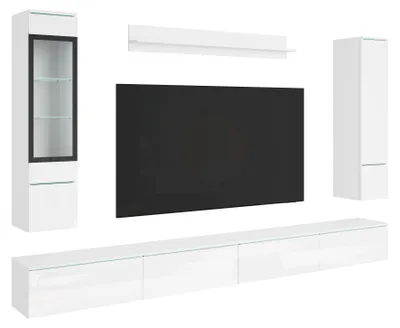 Zdjęcie produktu dla Nowoczesna meblościanka do salonu 300 cm z oświetleniem biały/biały połysk