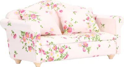 A miniature sofa with a floral pattern.