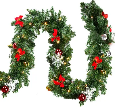 Image de SWANEW Guirlande de Noël de 5m avec éclairage, guirlande de sapin artificiel 100 LED blanc chaud, IP44 couronne de Noël, guirlande décoration de Noël pour Noël, escaliers, cheminées