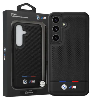 Produktbild von BMW Leather Tricolor Stripe Case kompatibel mit Samsung Galaxy S25 – Schwarz