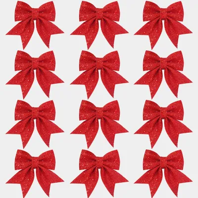 Image de Noeud de décoration de Noël - 12 pièces - 12 x 15 cm - Rouge à paillettes - Décoration pour sapin et couronne
