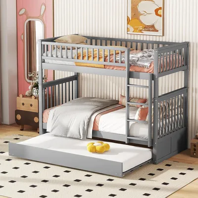 Produktbild von Massivholz-Etagenbett mit Ausziehbett für 3 Personen – Platzsparend und stabil mit sicherer Treppe – 90x200cm,Grau