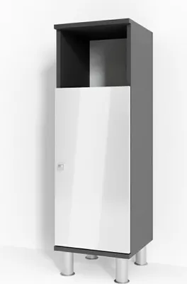 A tall, narrow cabinet with a dark grey frame and a white high-gloss door, standing on four silver legs against a white background.