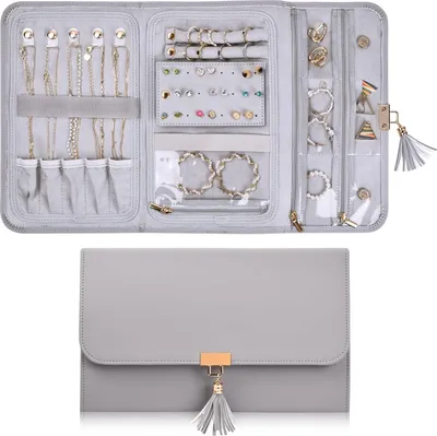 Produktbild von Schmuckrolle Organizer, Schmucktasche für Reisen Leder, 28x17,6cm, Faltbar Schmuck Aufbewahrungstasche Schmuckaufbewahrung Schmuckschatulle, Tragbarer Reise Schmuckhalter für Ringe Ohrringe Halskette