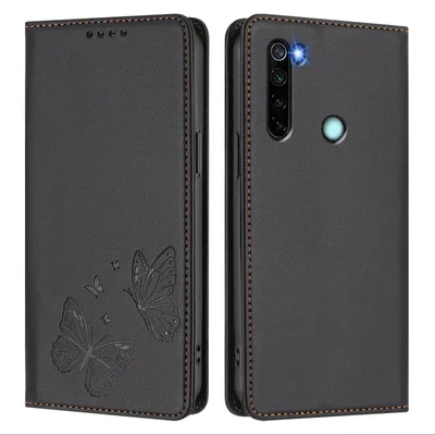 Obrázek produktu pro Kožené pouzdro pro Xiaomi Redmi Note 8, motýlí ražbou, peněženkové flip pouzdro se stojánkem Černá